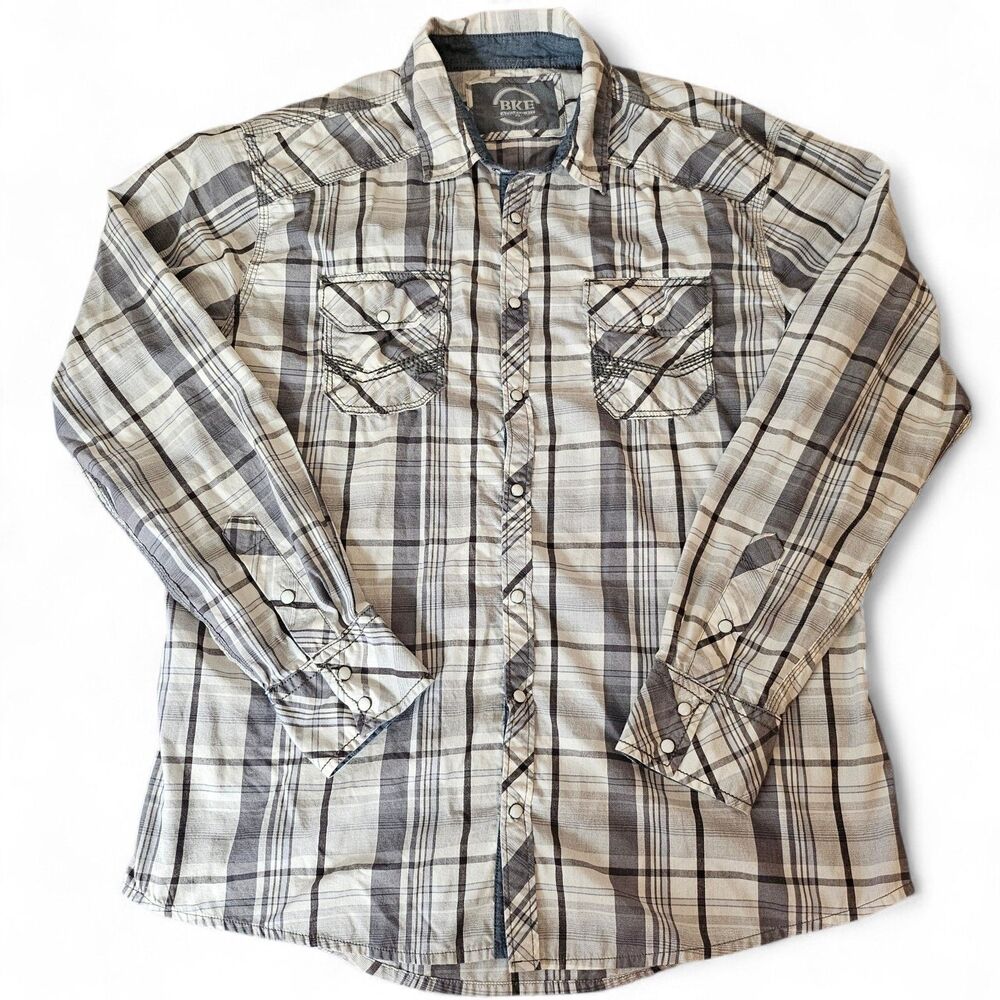 BKE Athletic Fit Men's Plaid White Pearl Snap Western Wear‎ Shirt - Size XL